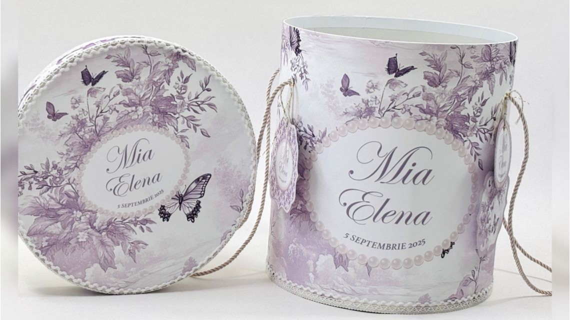 Trusou botez Purple Toile cu fluturi și flori mov personalizat 28
